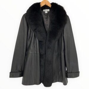 90’s Vintage Black Lambskin Leather Blue Fox Fur Collar Trim Jacket